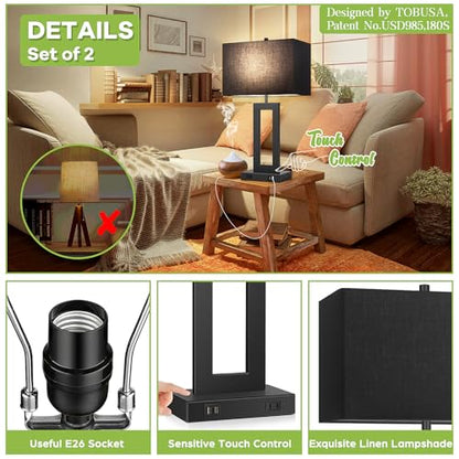 Set of 2 Touch Control Table Lamps with 2 USB Ports&AC Outlet, 3-Way Dimmable Modern Nightstand Lamp Sets, Bedside Black Lamps for Bedroom Living Room End Tables Reading, Bulbs Included, Black Shade | 3 Way Dimmable, Touch Control, Black Fabric Shade, Des