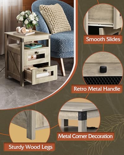 WLIVE Nightstand with Charging Station, Farmhouse End Table, Bed Side Table with 2 Storage Drawers and Open Shelf, Wood Rustic Nightstands for Bedroom, Greige - color: Greige, style: Farmhouse