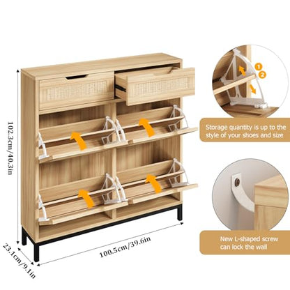 Jocoevol Rattan Shoe Cabinet for Entryway, Boho Shoe Storage Cabinet with 4 Flip Drawers and 2 Drawers, Narrow Freestanding Shoe Rack with Metal Legs for Entryway/Hallway/Foyer (Natural) - color: Natural