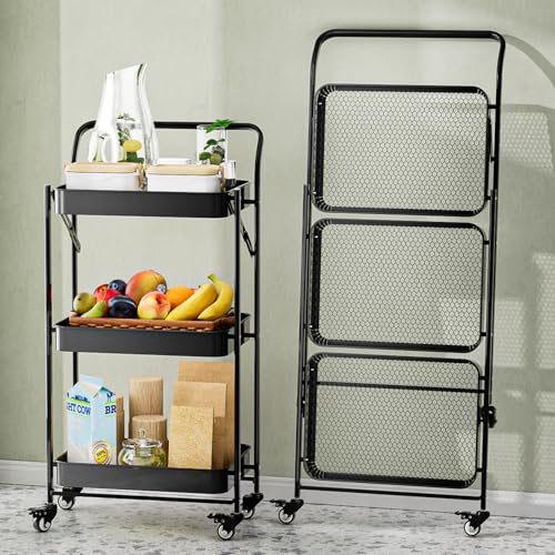 JAQ No Assembly Foldable Rolling Cart, 3 Tier Black Metal Folding Utility Cart with Handle, Heavy Duty Mobile Storage Organizer on Wheels for Office, Garage, Tools & Kitchen (Black) - color: Black/3-tier