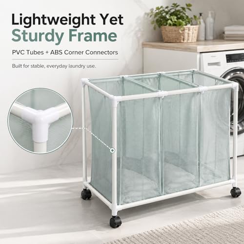 3-Bag Mesh Rolling Laundry Sorter Cart, Soft Silver, Removable Washable Bags, Easy-Roll Casters, Rust-Resistant PVC Tubing Frame w/ABS Corners, 29.5 x 19 x 30.5 in, for Dorm & Laundry Room