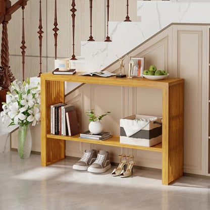 47-Inch Console Table with Storage, 2-Tier Narrow Entryway Table,Natural | 100% Natural Bamboo slim profile, reinforced angled frame versatile wall-side placement - color: Natural, style: 2-TIER