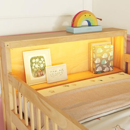Twin Size Loft Bed with LED and Bookshelf, Wood Low Loft Bed with Stairs,Twin Loft Bed with Storage Drawers and Shelves, Natural