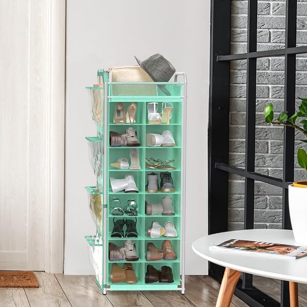 Simple Houseware 16 Cube Shoe Stand Tower Rack 8 Tier, Turquoise | Top Shelf and Side Hanging Pockets - color: Turquoise