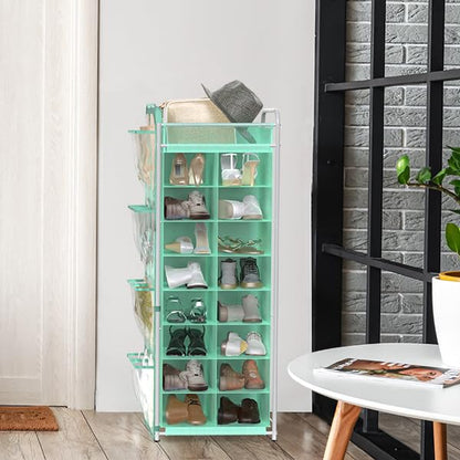 Simple Houseware 16 Cube Shoe Stand Tower Rack 8 Tier, Turquoise | Top Shelf and Side Hanging Pockets - color: Turquoise