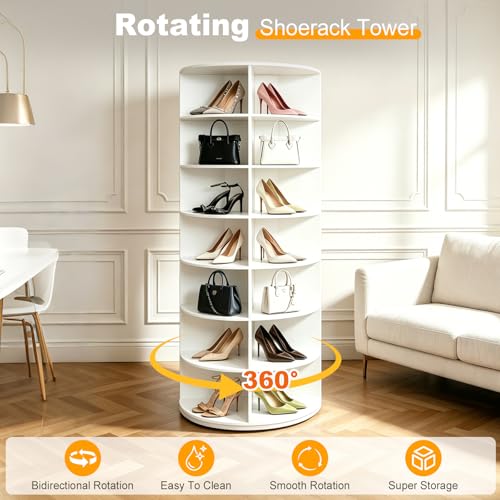 7 Tier Rotating Shoe Rack Tower, Large Storage Organizer for 28-Pair Shoes, Space-Saving Free Standing Shoe Racks for Display Handbags Hats Decor - White