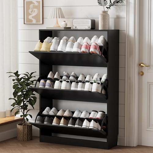 Xixini Shoe Storage Cabinet for Entryway with 3 Flip Drawers, Sturdy Wood Hidden Shoe Storage, Freestanding Narrow Slim Shoe Organizer for Front Door Entrance, Living Room, Hallway, Bedroom, Black - color: Black, size: 3 Drawers without Rack