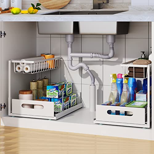 2 Pack Under Sink Organizer, 2 Tier Pull-Out Cabinet Storage Shelf, Rust-Resistant Metal Organizer for Kitchen Bathroom Laundry Room, No Tools Installation, White - color: 2 Pack-White