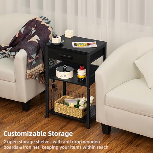 Lerliuo Pure Black Printer Table with Fabric Drawer,3 Tier Industrial Wood Printer Stand with Storage Shelf,Modern Tall End Table,Nightstand,Bed Side Tables for Scanner Fax Home Office Small Spaces - color: Pure Black