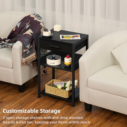 Lerliuo Pure Black Printer Table with Fabric Drawer,3 Tier Industrial Wood Printer Stand with Storage Shelf,Modern Tall End Table,Nightstand,Bed Side Tables for Scanner Fax Home Office Small Spaces - color: Pure Black