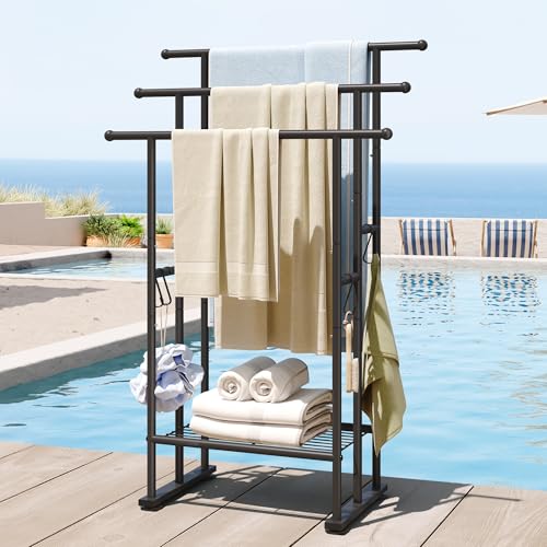 ELYKEN 3 Tier Standing Towel Rack, 40'' Tall Towel Drying Rack Outdoor, Freestanding Floor Towel Rack with Shelf, Pool Towel Blanket Stand, Metal Towel Racks for Bathroom freestanding, Matte Black - color: Black
