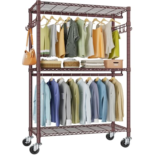 VIPEK R2 Plus Rolling Clothes Rack for Hanging Clothes Heavy Duty Clothing Rack 3 Tiers Adjustable Metal Wire Shelving Garment Racks with Side Hooks, Closet Organizers and Storage Wardrobe, Bronze - color: Bronze, size: R2 Plus