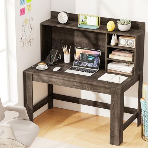 Tangkula Computer Desk with Hutch & Charging Station, Home Office Writing Study Desk with Storage Shelves, Cable Management Hole, Laptop Desk, Desk for Bedroom, Computer Workstation (Gray Oak) - color: Gray Oak