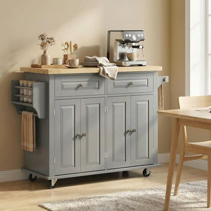 HOMCOM Kitchen Island Cart with Rubber Wood Top, Rolling Kitchen Island Table on Wheels with Drawers, Adjustable Shelves, Spice Rack and Towel Rack for Dining Room, Gray - color: Grey