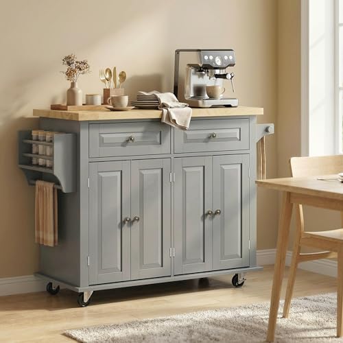 HOMCOM Kitchen Island Cart with Solid Wood Top 44" Mobile Gray | Kitchen Island Table, on Wheels, Storage Cabinets, 2 Drawers, Adjustable Shelves, Spice Rack & Towel Bar, for Dining Room - color: Grey