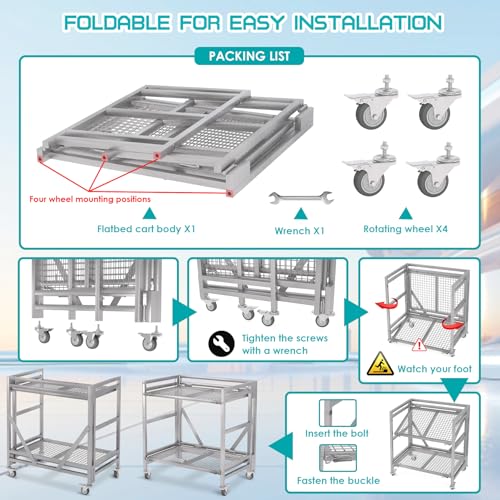 2 Shelf Rolling Cart with Wheels, 660lbs Capacity Collapsible Steel Rolling Utility Cart, Heavy-Duty Foldable Hand Truck, Metal Storage Carts with Handle for Groceries, Warehouse (36" Lx26 W) - color: Net 660lbs Capacity