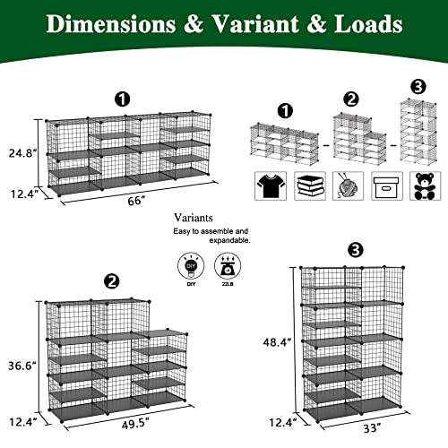 C&AHOME Wire Cube Storage Unit, Interlocking Metal Wire Organizer with Divider Design, Modular Cabinet with Plastic Panels, Bookshelf Stackable Closet Organizer with Small Hooks, Black UWCSIM08B - color: Black