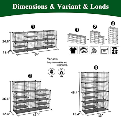C&AHOME Wire Cube Storage Unit, Interlocking Metal Wire Organizer with Divider Design, Modular Cabinet with Plastic Panels, Bookshelf Stackable Closet Organizer with Small Hooks, Black UWCSIM08B - color: Black