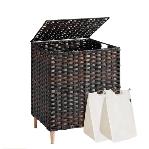 SONGMICS 2-Section Laundry Hamper with Lid, 29 Gal (110L) PE Rattan Laundry Basket with Removable Washable Liners, for Bedroom & Living Room, Chestnut Brown ULCB222ME01 - color: Chestnut Brown, size: 110 L (2 Basket)