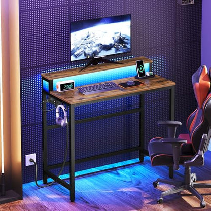 YATINEY Small Computer Desk with Charging Station and LED Lights, Gaming Desk with Monitor Stand, 2-Tier Home Office Desk with 4 Side Hooks, for Living Room, Home Office, Rustic Brown DN01UDBRY2 - color: Rustic Brown + Black