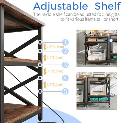 METYERRY Large Printer Stand with Power Outlet, with Height Adjustable Storage Shelf, 3 Tier Rolling Printer Cart with Industrial Wheels, 23.6 x 23.6 Inches Printer Table for Home Office, Rustic Brown - color: Rustic Brown