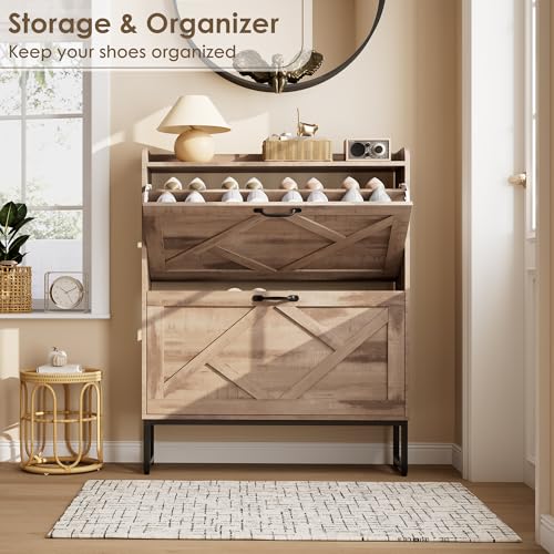 Nicetree Shoe Cabinet with 2 Flip Drawers，Freestanding Shoe Storage Cabinet, Narrow Shoe Organizer Cabinet, Farmhouse Slim Shoe Rack Cabinet for Entryway,Toasted Oak - color: Toasted Oak