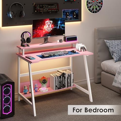 ALISENED 31.5 Inch Small Office Desk with Storage, Small Desk for Small Spaces, Compact Home Office Desk, Mini Study Desk for Bedroom, Pink - color: Pink
