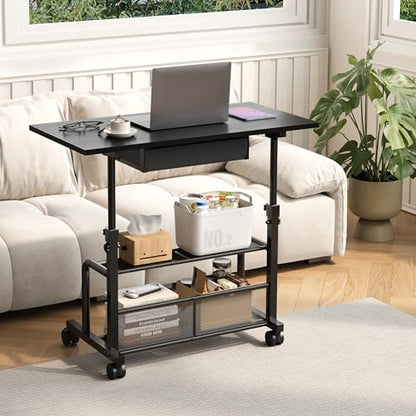 Adjustable Height Small Computer Desk with Drawers, Portable Rolling Desk for Seated Use, 32" Laptop Desk for Home Office Bedroom Living Room, Black