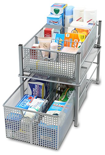 Deco Brothers Stackable Pull Out Cabinet Sliding Basket with Divider, Large | Under Sink Organizer, Silver - color: Silver