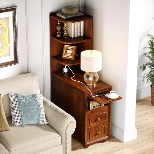 Solid Wood End Table with Charging Station and Reversible Corner Shelves, Tall Narrow Side Table with Drawers, USB Ports and Outlets for Living Room and Bedroom, Walnut