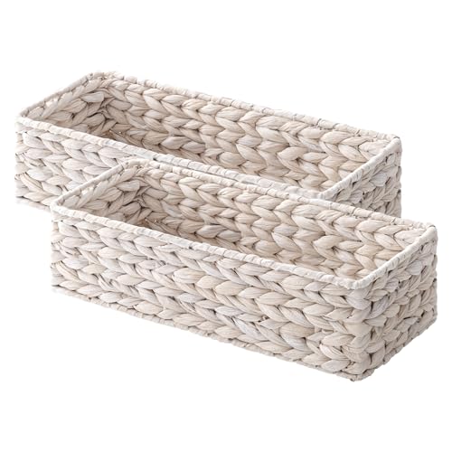 StorageWorks Small Wicker Baskets for Bathroom Decor, Decorative Toilet Paper Basket for Back of Toilet Basket Tank Topper, Water Hyacinth Bathroom Basket Organizer for Storage, 2 Pack, White - color: White(water Hyacinth), size: 15 ¾"L x 6 ½"W x 4 ¼"H