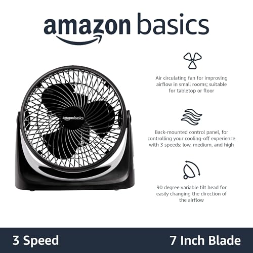 Amazon Basics Air Circulator Desk Fan for Bedroom, Home and Office, 90-Degree Tilt Head, 3 Speed Settings, Cooling, 35 Watts, Black, 11.1"W x 6.3"D x 10.9"H - size: 11.1"W x 6.3"D x 10.9"H