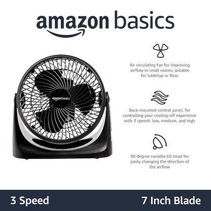 Amazon Basics Air Circulator Desk Fan for Bedroom, Home and Office, 90-Degree Tilt Head, 3 Speed Settings, Cooling, 35 Watts, Black, 11.1"W x 6.3"D x 10.9"H - size: 11.1"W x 6.3"D x 10.9"H