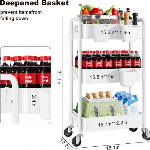 3 Tier Heavy Duty Rolling Cart Metal with Wheels, White Three Tiered roller Shelf Carts on Wheels, Utility Storage Shelves Organizer for Kitchen, Bedside, Laundry, Snack, Craft, Art, Pantry, Nail - color: White