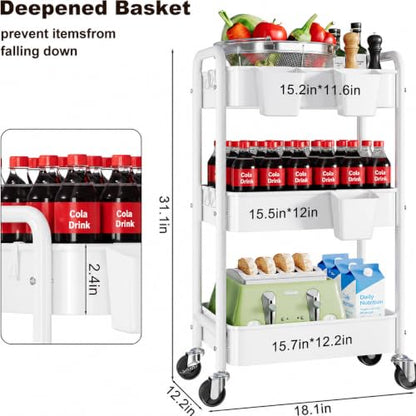 3 Tier Heavy Duty Rolling Cart Metal with Wheels, White Three Tiered roller Shelf Carts on Wheels, Utility Storage Shelves Organizer for Kitchen, Bedside, Laundry, Snack, Craft, Art, Pantry, Nail - color: White