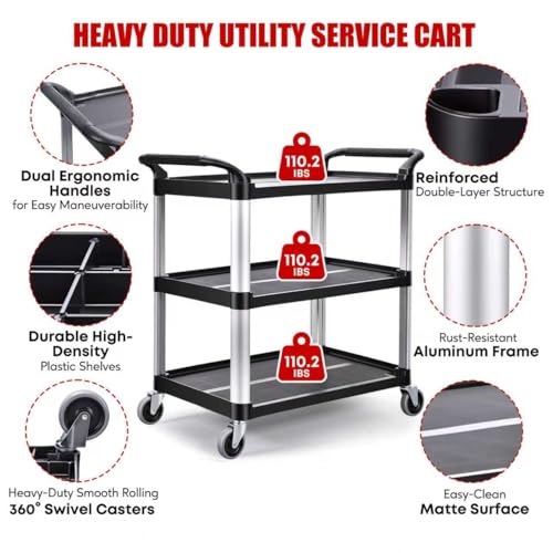 Matthew 3 Tier Rolling Utility Cart with Wheels, 440 lbs Heavy Duty Service Cart with Aluminum Frame, Durable Shelves, 37.8" x 19.7" x 37.8" for Garage, Warehouse, Kitchen and Office
