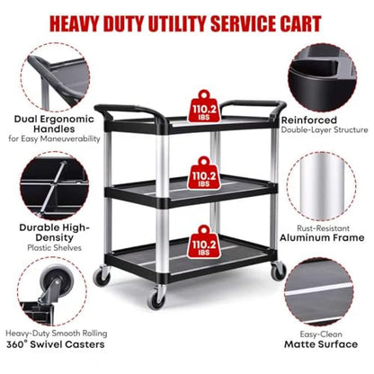 Matthew 3 Tier Rolling Utility Cart with Wheels, 440 lbs Heavy Duty Service Cart with Aluminum Frame, Durable Shelves, 37.8" x 19.7" x 37.8" for Garage, Warehouse, Kitchen and Office