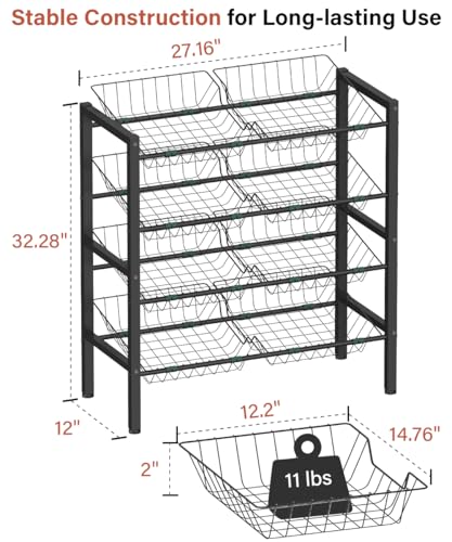 4-Tier Fruit and Vegetable Storage Rack with 8 Removable Baskets, Small Kitchen Island, Pantry Floor Organizer Stand Shelves for Snack Onion Potato Storage, Black - style: 8 Baskets-Black