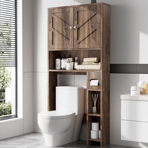 Over Toilet Storage Cabinet with Toilet Paper Holder Stand, Freestanding Bathroom Storage Cabinet, Rustic Farmhouse Bathroom Organizer with Adjustable Shelf & Anti-Tipping, Walnut - color: Walnut