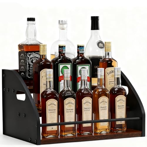 Liquor Bottle Display Shelf, Coffee Syrup Rack Organizer with Metal Hand, 3 Step Countertop Liquor Wine Rack, Mini Bar, Liquor Cabinet, Home Retro Bar Shelf Stand for Liquor Whiskey, Bourbon, Spirits - size: 3 Tier