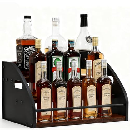 Liquor Bottle Display Shelf, Coffee Syrup Rack Organizer with Metal Hand, 3 Step Countertop Liquor Wine Rack, Mini Bar, Liquor Cabinet, Home Retro Bar Shelf Stand for Liquor Whiskey, Bourbon, Spirits - size: 3 Tier