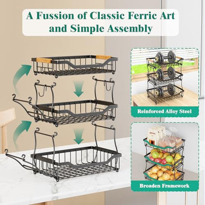 Giwil 3 Tier Countertop Fruit Basket for Kitchen, Vegetable Storage Bread Fruit Bowl Stand with 2 Banana Hooks, Wall Mounted Metal Wire Basket Organizer for Potato Onion, Black - size: 3 Tier Wire Basket Top