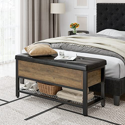 HOSTACK 40" W Storage Bench, Entryway Shoe Bench with Cushion, Rustic Brown | Wood Metal Bench with Flip-Open Hidden Storage, Ottoman Bench with Padded Seat & Shoe Rack for Hallway, Bedroom, Living Room - color: Rustic Brown