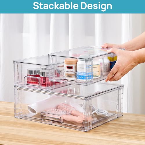 Vtopmart Clear Stackable Storage Drawers, 3 Pack Wide Organizer Set | Wide and Small Pull-Out PET Drawers with Stackable Design for Bathroom Organization, Cabinets, Closets, Pantry and Medicine - style: 1 Wide+2 Small