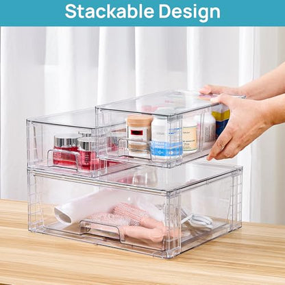 Vtopmart Clear Stackable Storage Drawers, 3 Pack Wide Organizer Set | Wide and Small Pull-Out PET Drawers with Stackable Design for Bathroom Organization, Cabinets, Closets, Pantry and Medicine - style: 1 Wide+2 Small