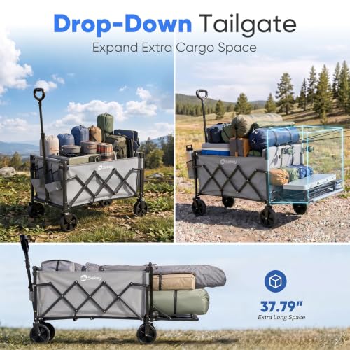 Sekey Collapsible Wagon Cart with Drop-Down Tailgate, 300 lb Capacity - color: Gray, size: 300 lbs