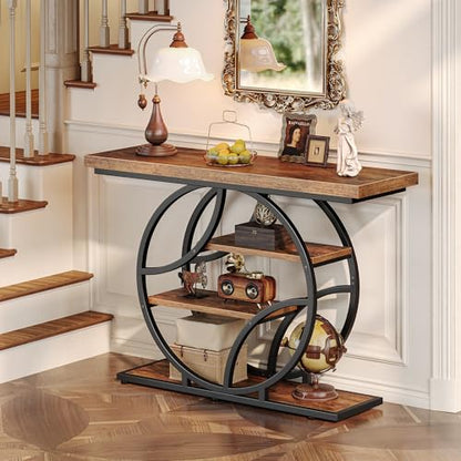 Huuger Modern Console Table, 41.3 Inch Sofa Table with Artistic Curved Metal Frame, Narrow Entryway Table for Hallway, Living Room, Behind Couch, Rustic Brown - color: Rustic Brown, size: 11.8"D x 41.3"W x 31.5"H