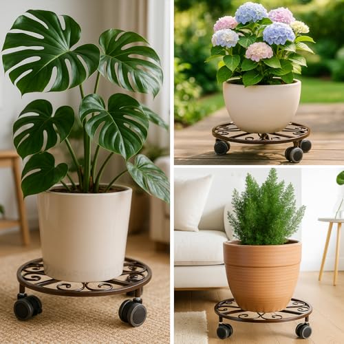3 Pack Plant Caddy with Wheels Heavy Duty 11.8 Inches Metal Plant Stand with Wheels Plant Dolly Rolling Plant Stand Plant Roller with Casters for Indoor and Outdoor (3, Bronze) - color: Bronze