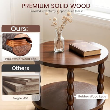 Small Round Side Table, 3-Tier Solid Wood End Table with Storage Shelf, Modern Bedside Tables Night Stand for Living Room, Bedroom, College Dorm, Small Space (Rustic Brown) - color: Rustic Brown