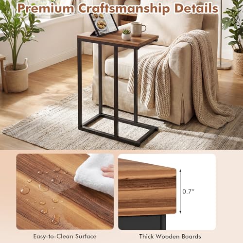 Giantex C-Shaped End Table, Set of 2 Small Sofa Couch Side Table that Slide Under with Metal Frame & Spacious Tabletop, Bedside Laptop TV Tray for Living Room Bedroom Small Spaces (Walnut) - color: Walnut